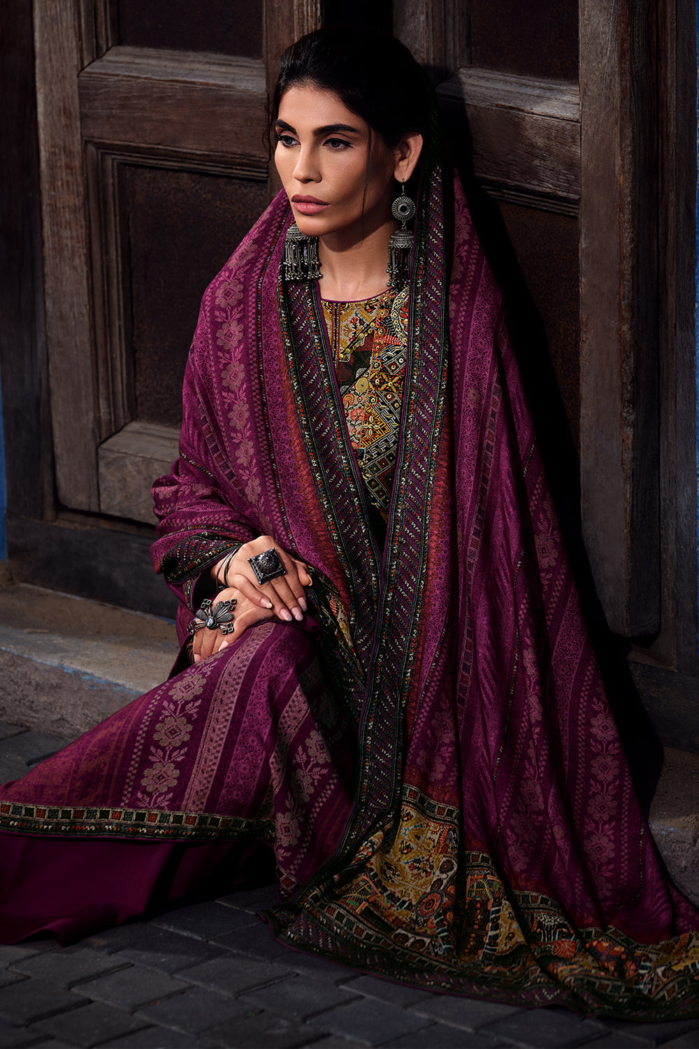 Dark Scarlet Color Printed Pashmina Unstitched Suit Material