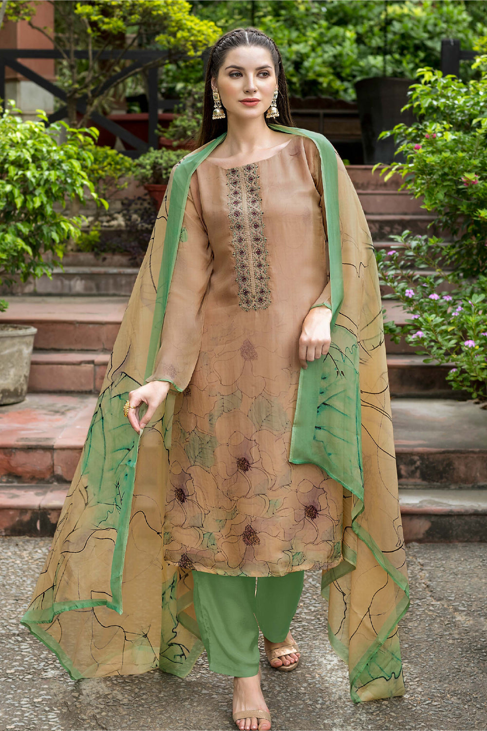 Beige & Green Color Georgette Printed Unstitched Suit Material