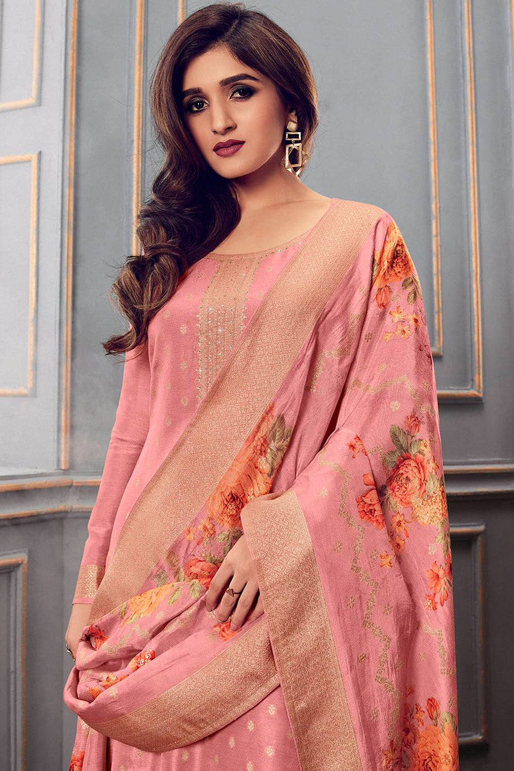 Peach Color Silk Swarovski Work Woven Unstitched Suit Material