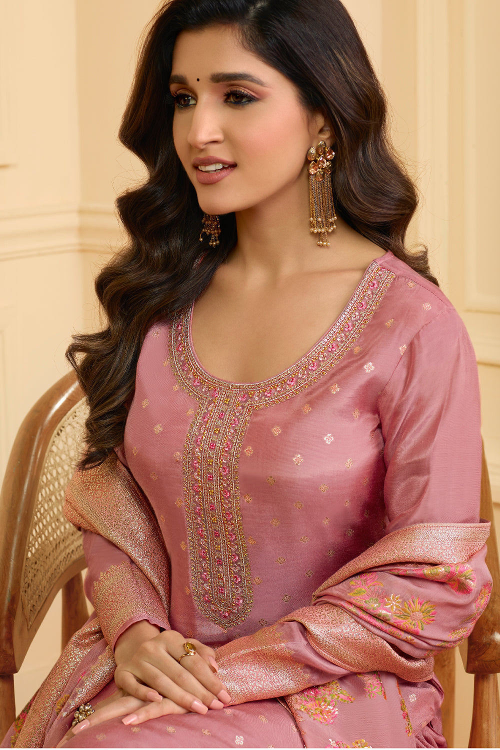 Peach Colour Silk Woven Unstitched Suit Material