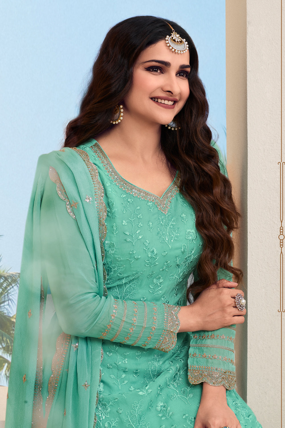 Seafoam Green Color Embroidered Organza Unstitched Suit Fabric