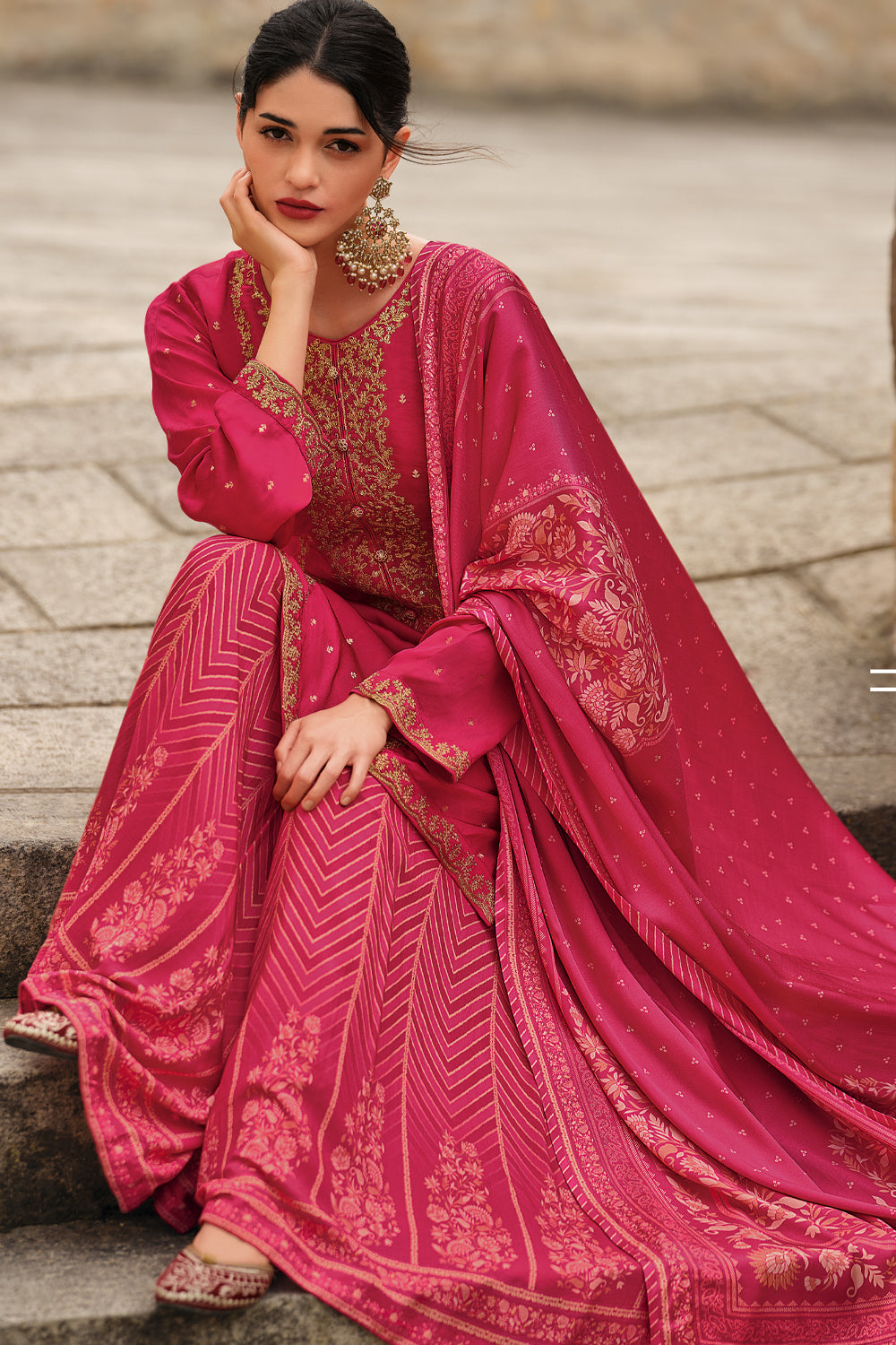Fuchsia Pink Color Silk Zari Embroidered Unstitched Suit Material