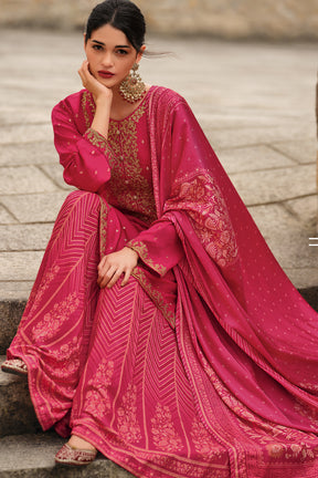 Fuchsia Pink Color Silk Zari Embroidered Unstitched Suit Material