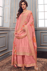 Peach Color Silk Swarovski Work Woven Unstitched Suit Material