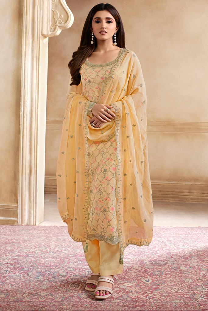 Yellow Color Organza Embroidered Unstitched Suit Material