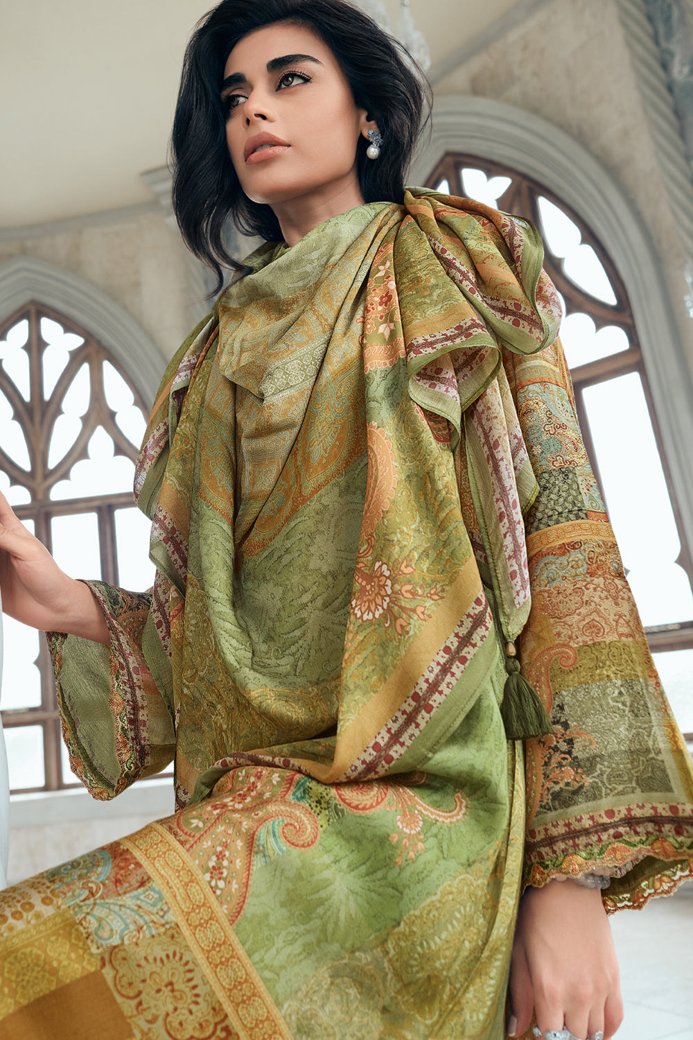 Sage Green Colour Printed Muslin Unstitched Suit Material