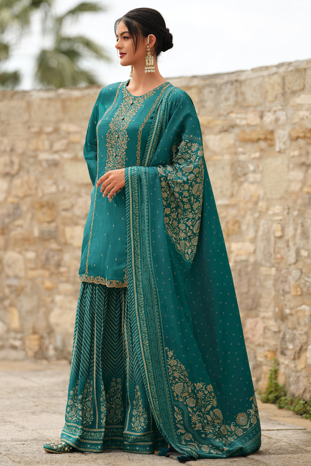 Teal Color Silk Zari Embroidered Unstitched Suit Material