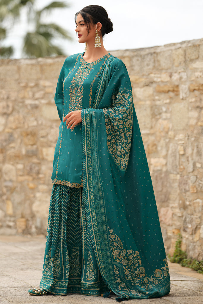 Teal Color Silk Zari Embroidered Unstitched Suit Material