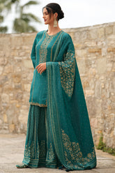 Teal Color Silk Zari Embroidered Unstitched Suit Material