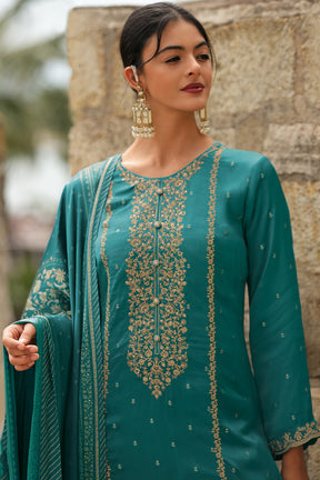 Teal Color Silk Zari Embroidered Unstitched Suit Material