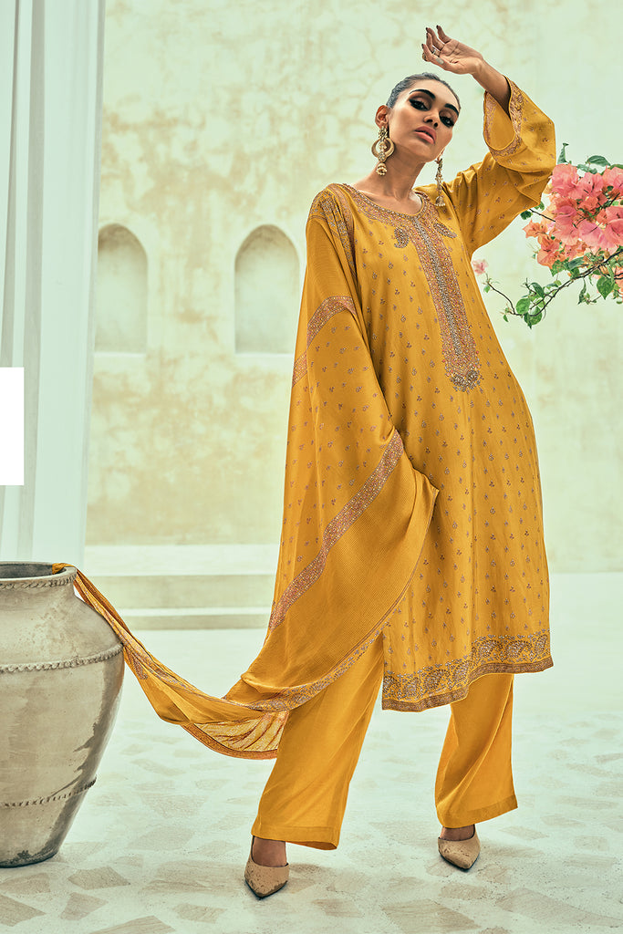 Mustard Color Printed Crepe Unstitched Suit Material