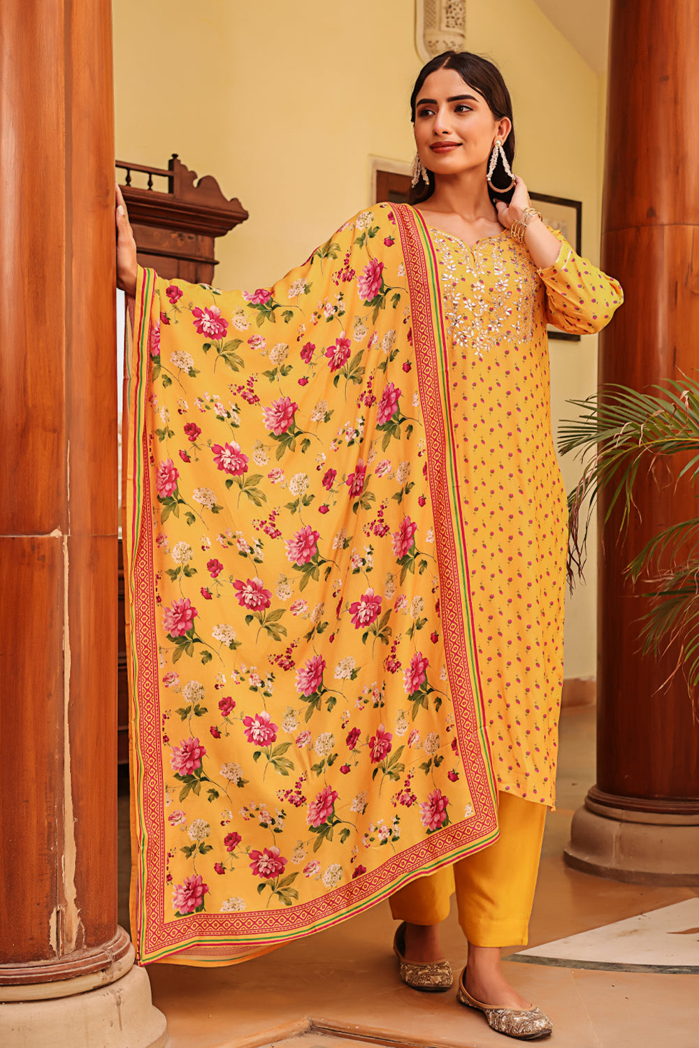 Mustard Color Chanderi Floral Printed Suit