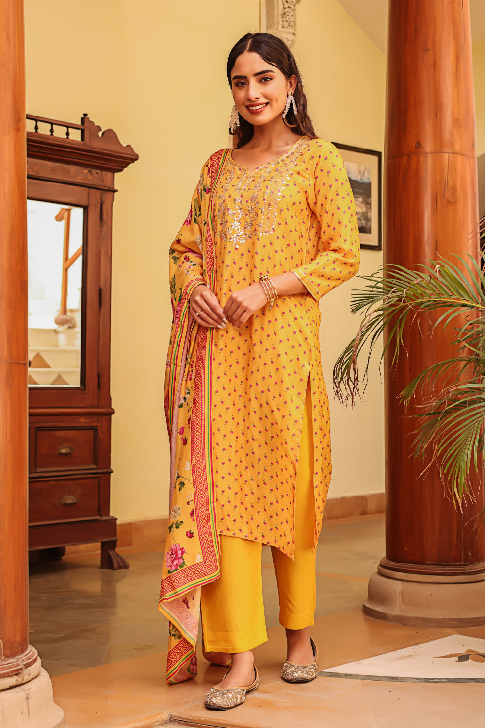 Mustard Color Chanderi Floral Printed Suit