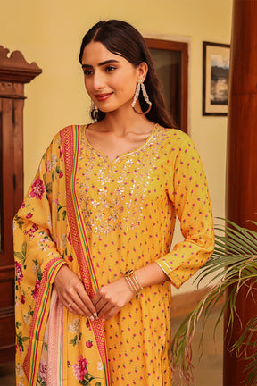 Mustard Color Chanderi Floral Printed Suit