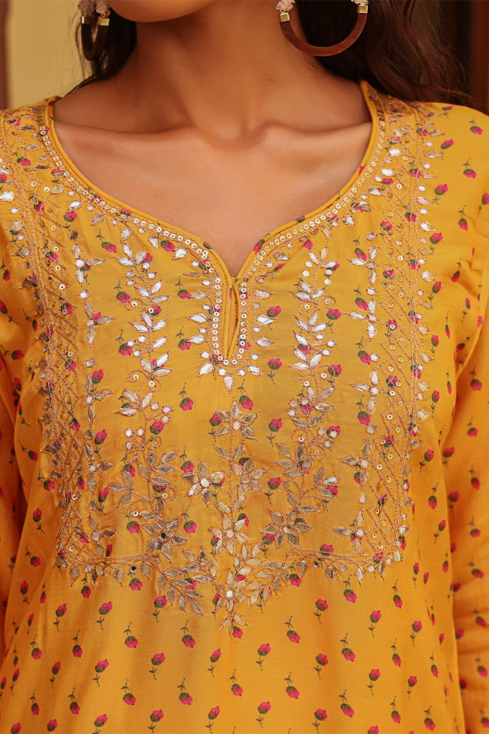 Mustard Color Chanderi Floral Printed Suit