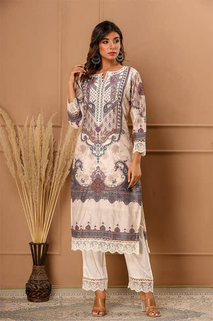 Cream Color Muslin Printed Suit