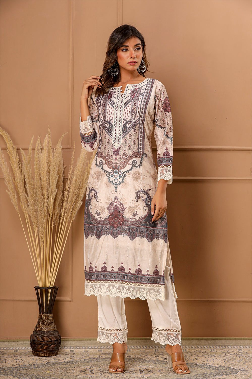 Cream Color Muslin Printed Suit