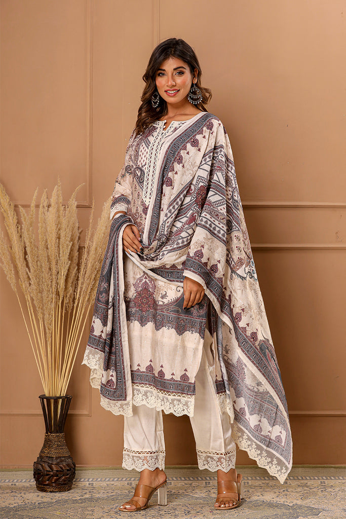 Cream Color Muslin Printed Suit