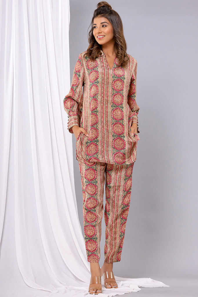 Magenta Color Printed Crepe Co-Ord Set