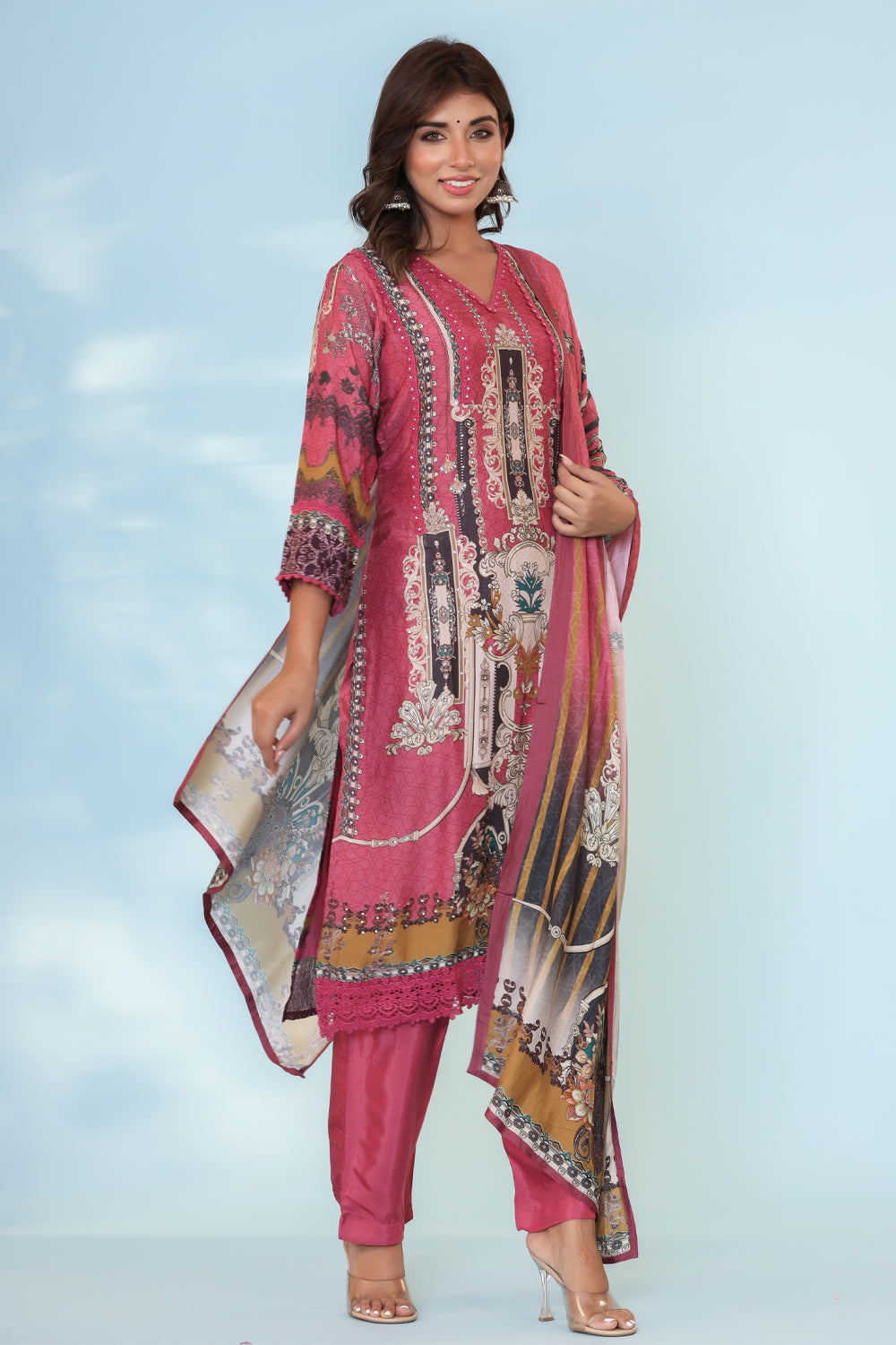 Onion Pink Color Muslin Printed Suit