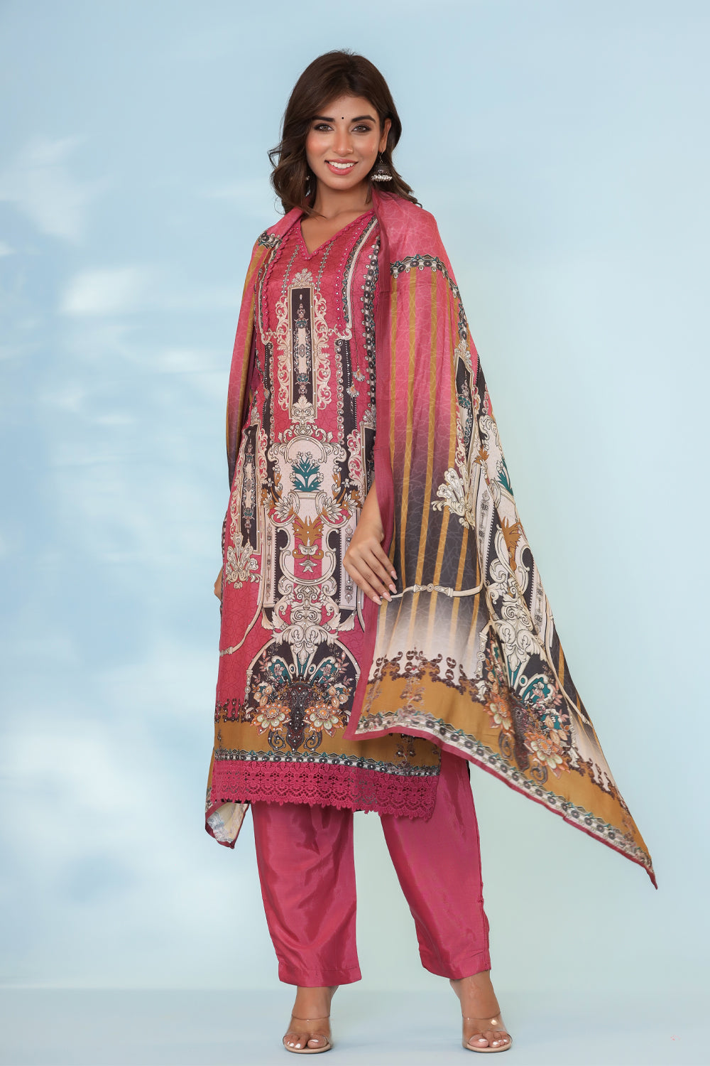 Onion Pink Color Muslin Printed Suit