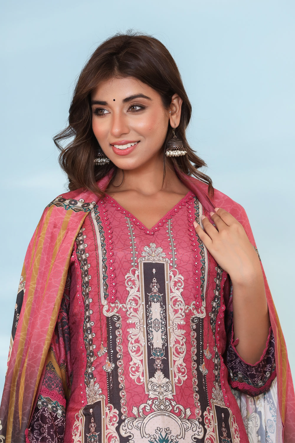 Onion Pink Color Muslin Printed Suit