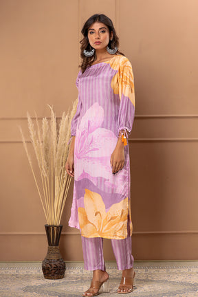 Mauve Color Printed Muslin Co-Ord Set