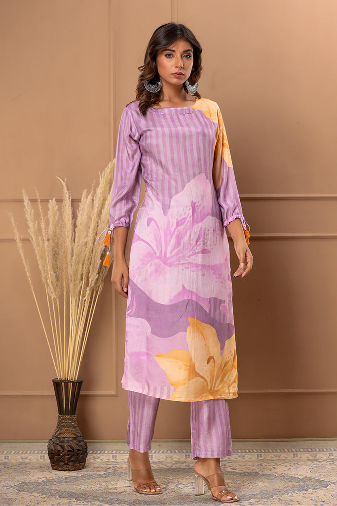 Mauve Color Printed Muslin Co-Ord Set
