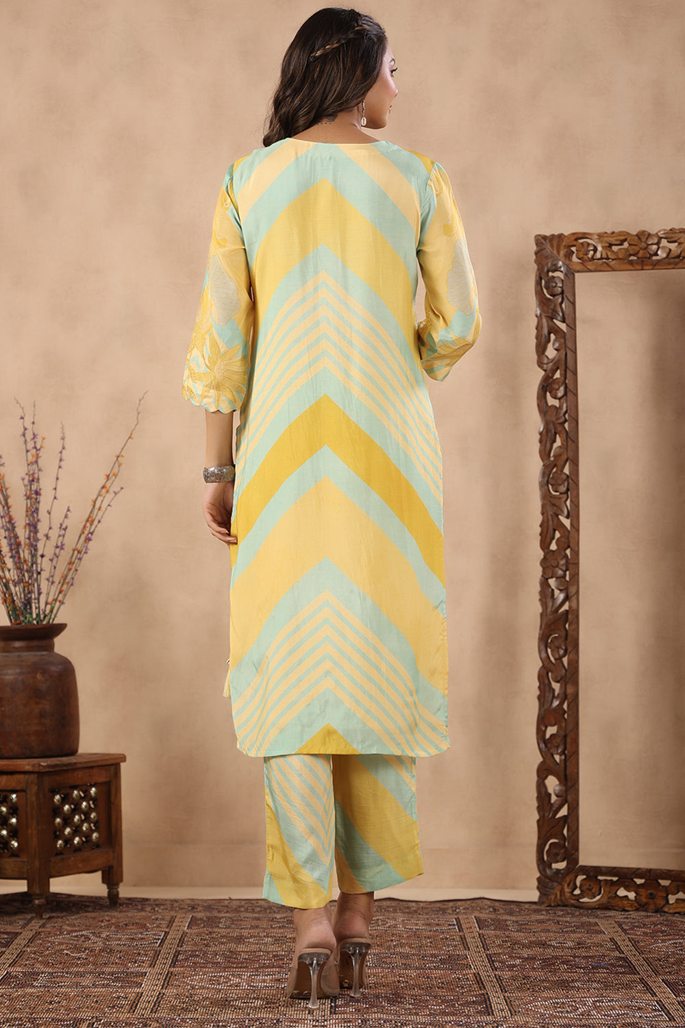 Yellow & Mint Green Color Muslin Printed Co-Ord Set