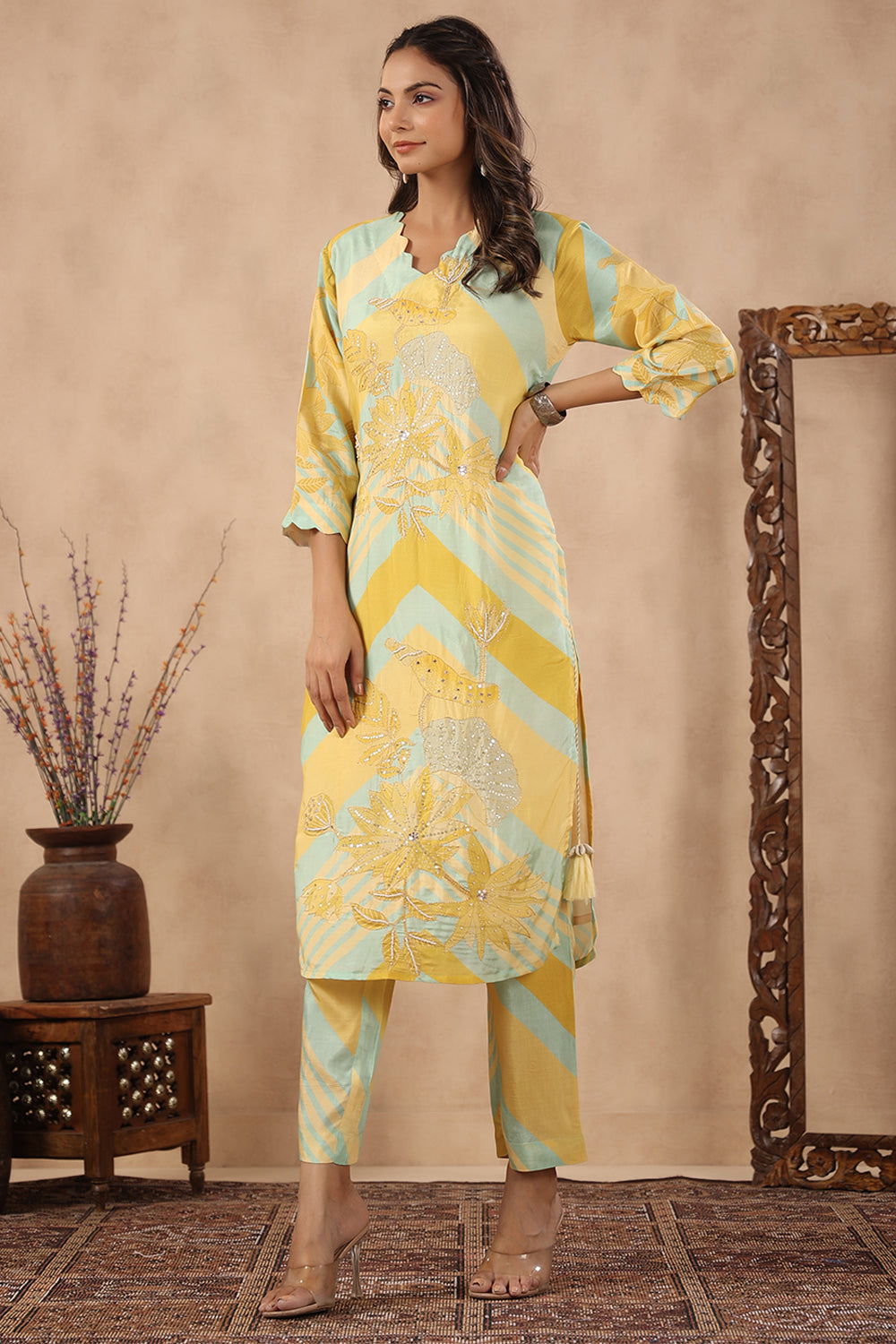 Yellow & Mint Green Color Muslin Printed Co-Ord Set