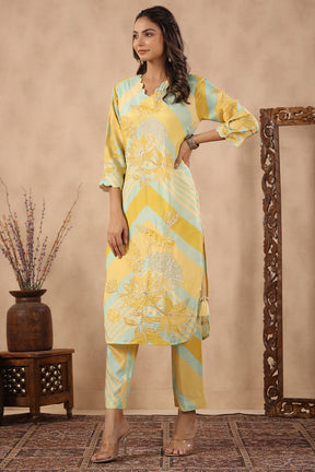 Yellow & Mint Green Color Muslin Printed Co-Ord Set