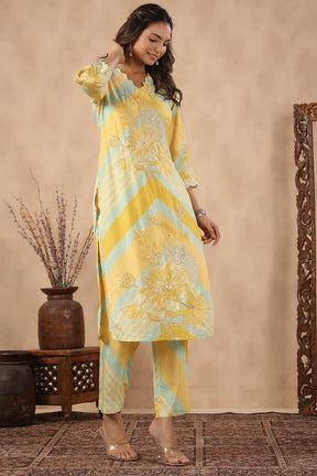 Yellow & Mint Green Color Muslin Printed Co-Ord Set