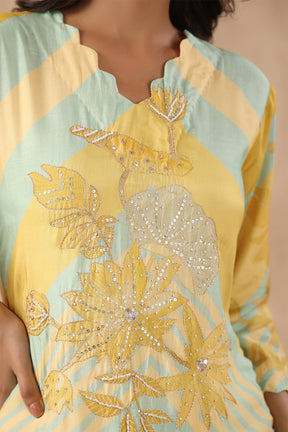 Yellow & Mint Green Color Muslin Printed Co-Ord Set