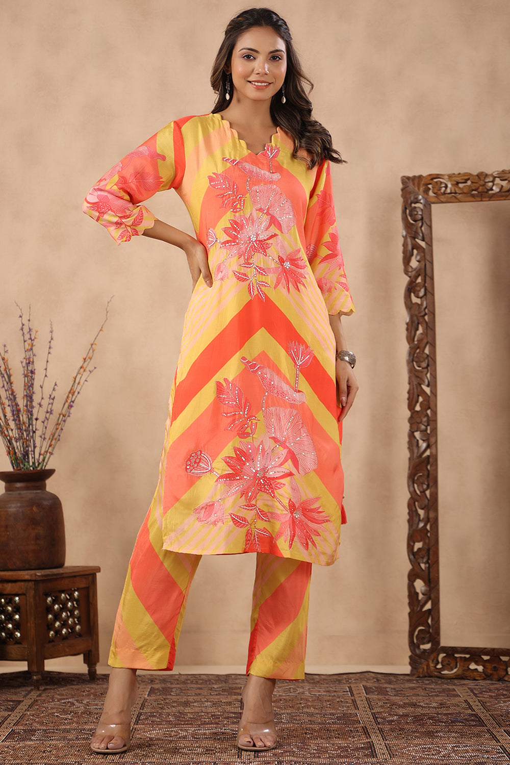 Orange & Mustard Color Muslin Printed Co-Ord Set