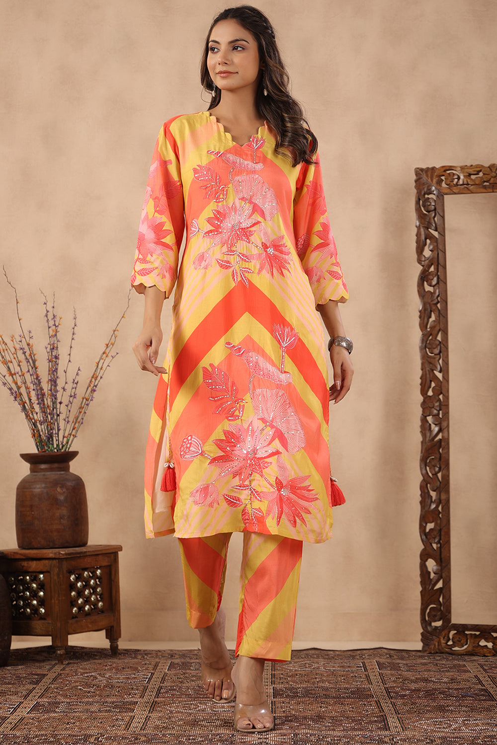 Orange & Mustard Color Muslin Printed Co-Ord Set