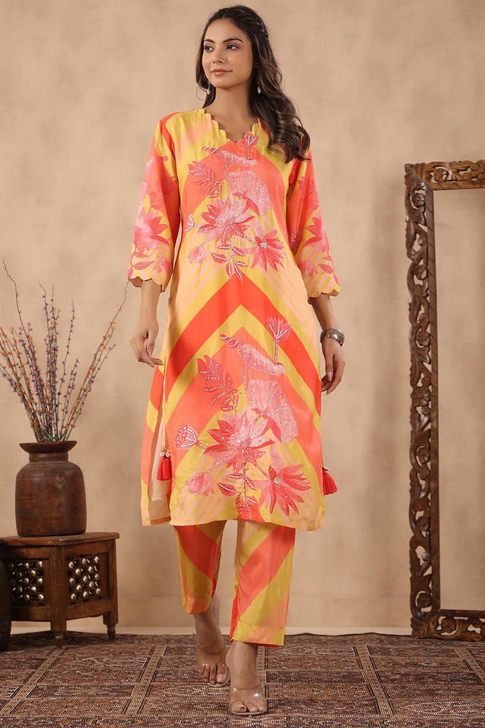 Orange & Mustard Color Muslin Printed Co-Ord Set