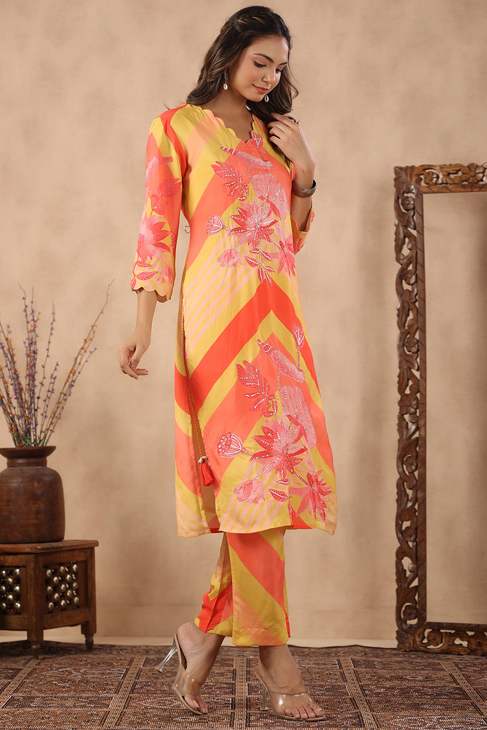 Orange & Mustard Color Muslin Printed Co-Ord Set