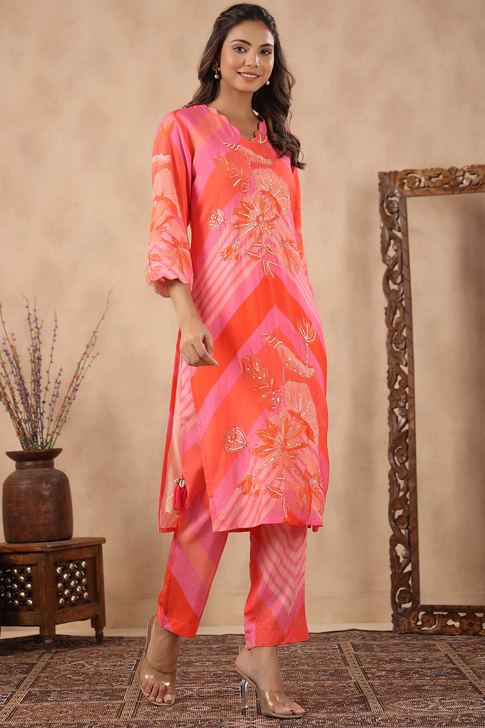 Pink Colour Muslin Printed Co-Ord Set