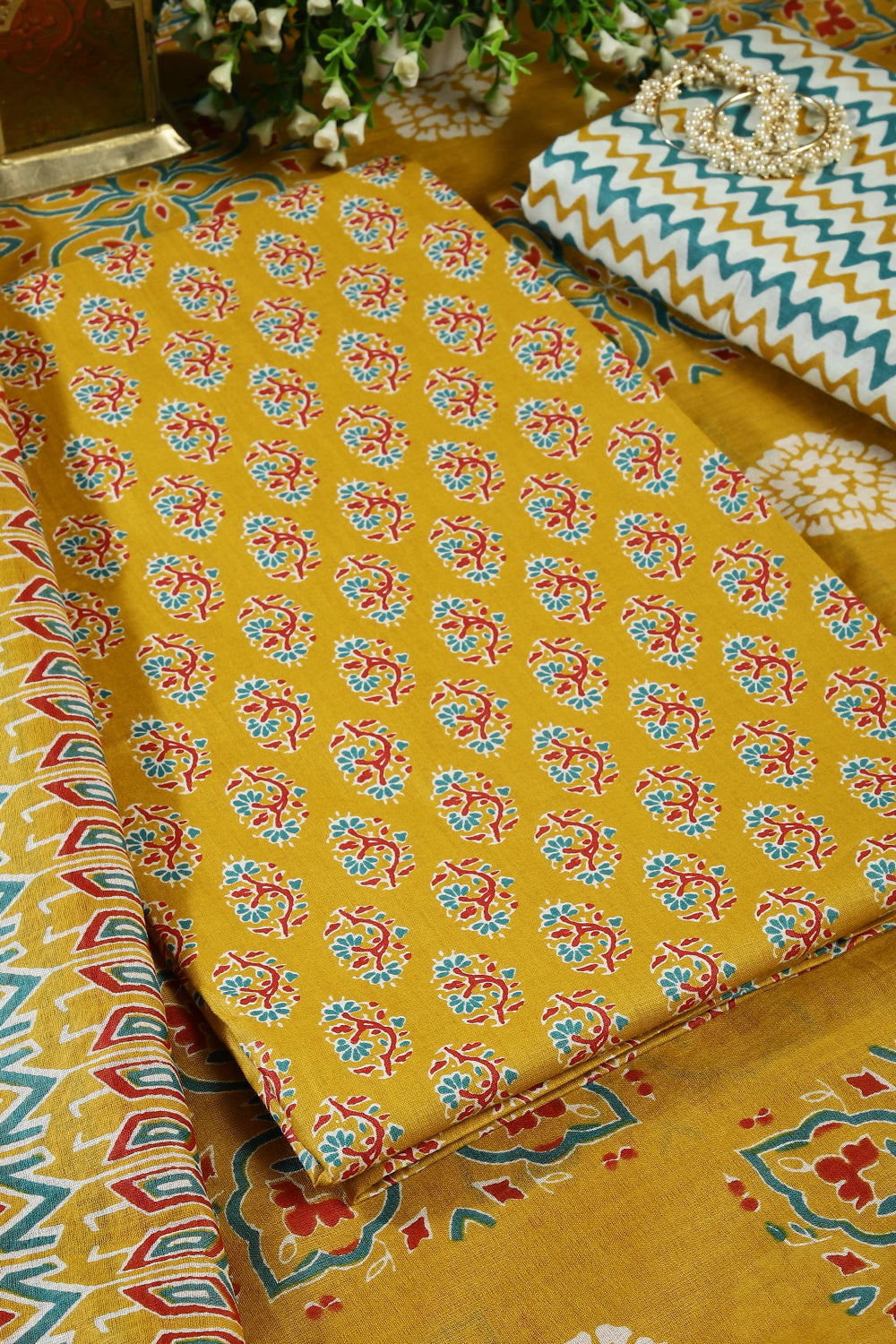 Mustard Color Cotton Printed Unstitched Suit