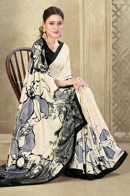Cream & Grey Printed Crepe Silk Saree