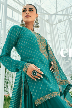 Teal Color Printed Muslin Unstitched Suit Fabric