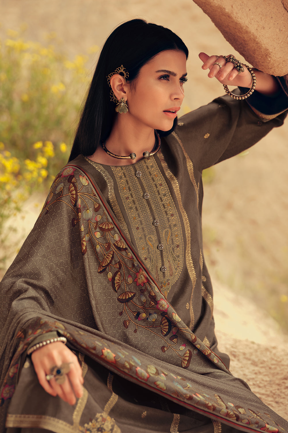 Brown Color Silk Woven Unstitched Suit Material