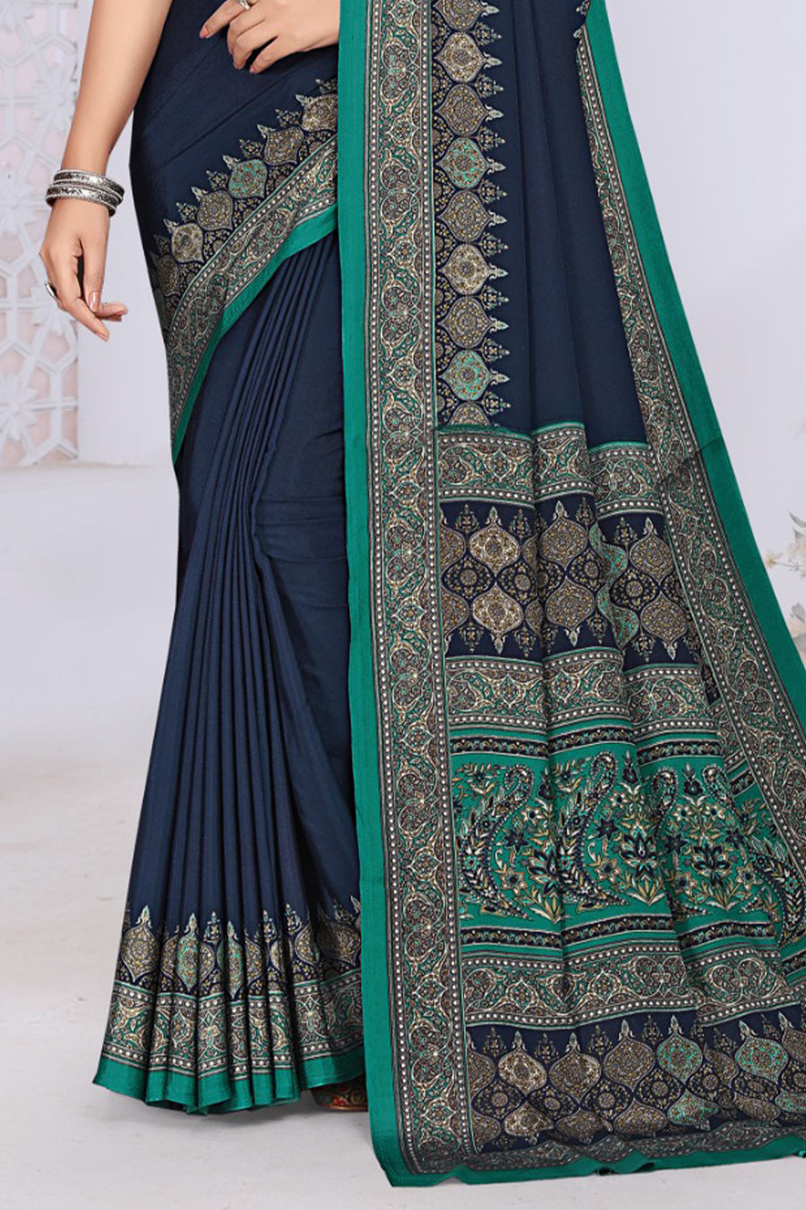 Navy Crepe Printed Saree