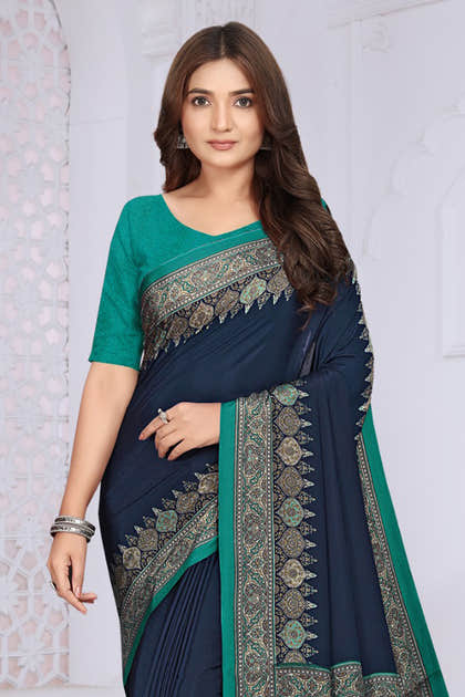 Navy Crepe Printed Saree