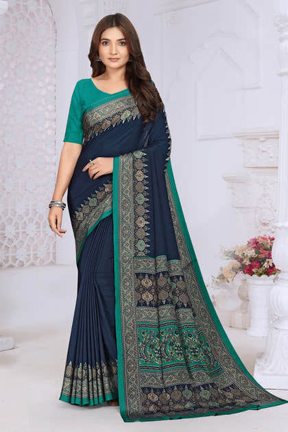 Navy Crepe Printed Saree