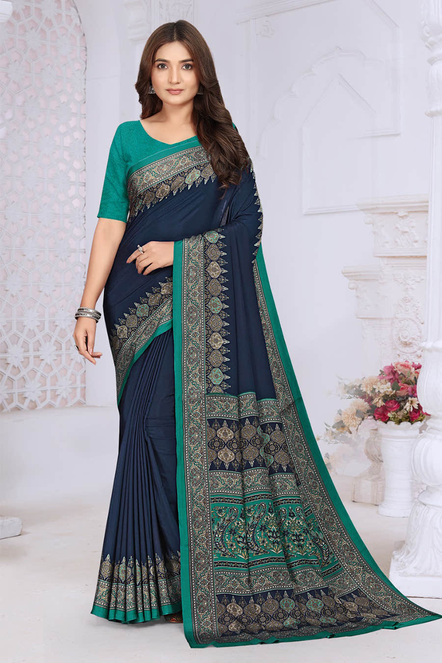 Navy Crepe Printed Saree