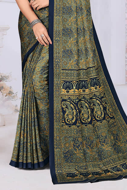 Navy & Olive Green Crepe Printed Saree