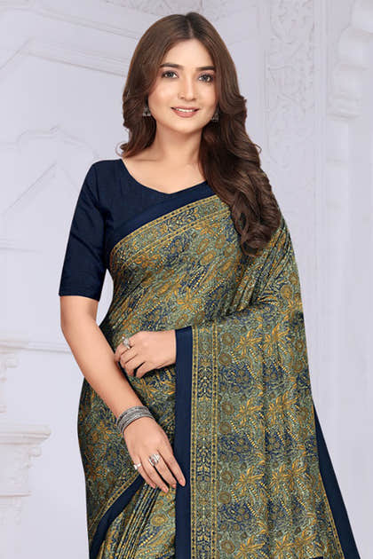 Navy & Olive Green Crepe Printed Saree