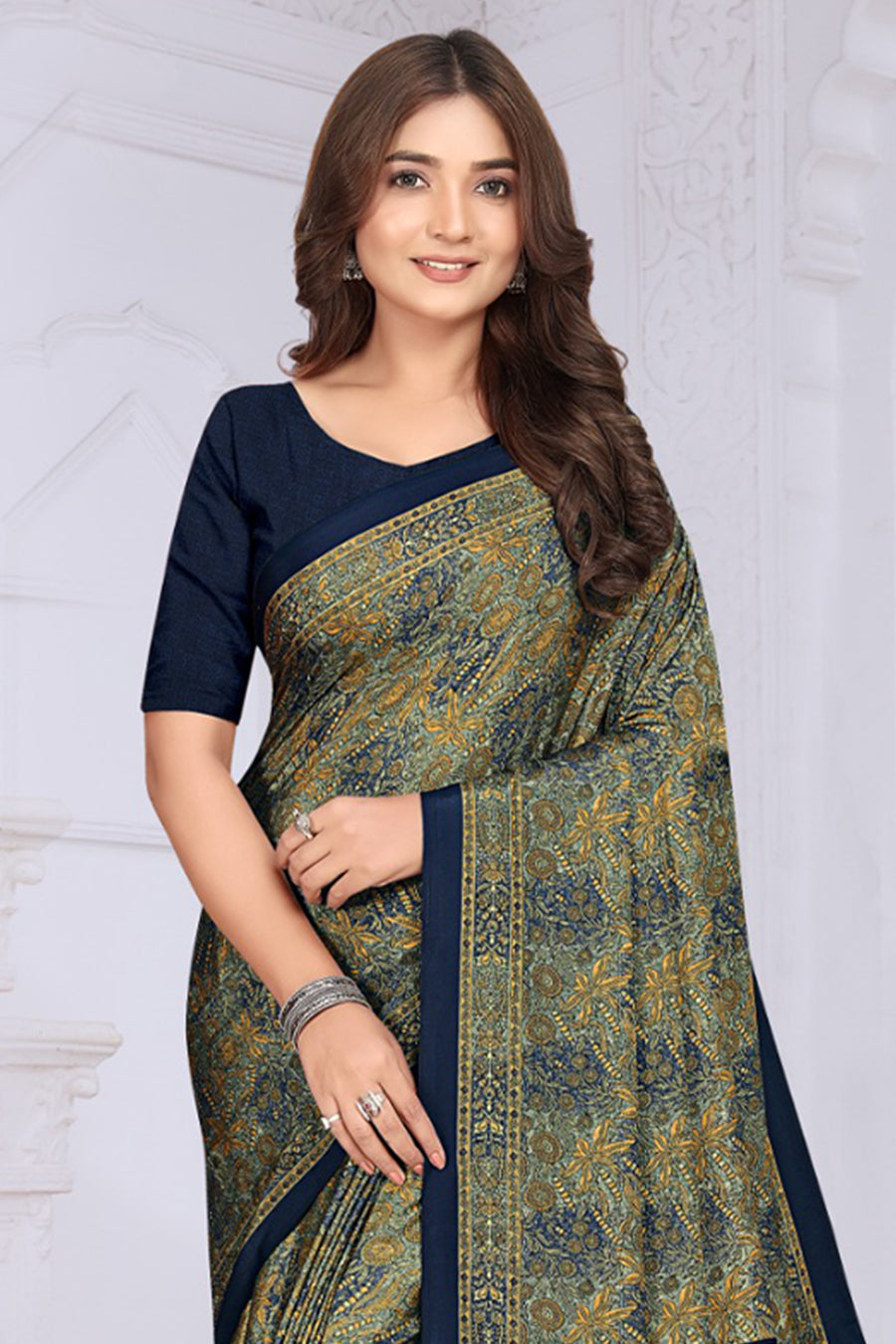 Navy & Olive Green Crepe Printed Saree