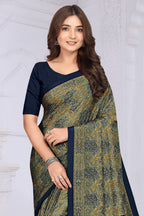 Navy & Olive Green Crepe Printed Saree